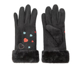 Suede Five Fingers Gloves Cute With Embroidered Heart - Komickonn