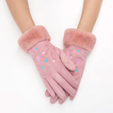 Suede Five Fingers Gloves Cute With Embroidered Heart - Komickonn