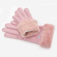 Suede Five Fingers Gloves Cute With Embroidered Heart - Komickonn