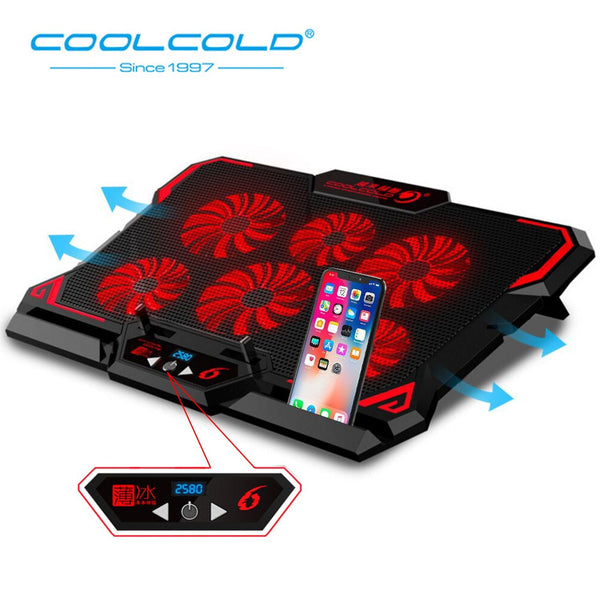 COOLCOLD Gaming Laptop Cooler Notebook Cooling Pad 6 Silent Red/Blue LED Fans Powerful Air Flow Portable Adjustable Laptop Stand - Komickonn